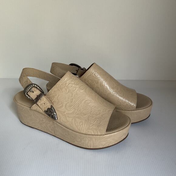 Matisse Embossed Wedge Western Sandals Leather Beige Platform Made in Brazil Sz9 - Picture 3 of 14